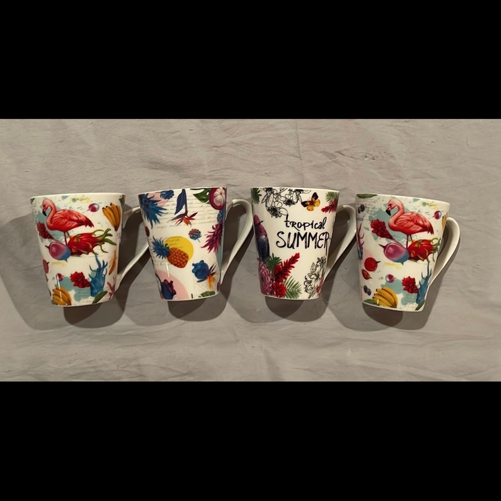 Eco One Mugs Set 4 Tropical Summer Flamingos Humming Birds Fruit NWT